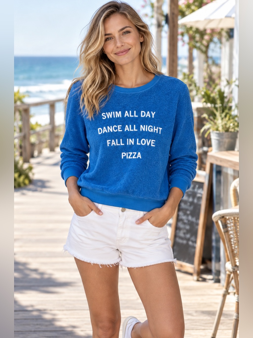 Wildfox Baggy Beach Jumper Blue X-Small Swim All Day Fall In Love Pizza